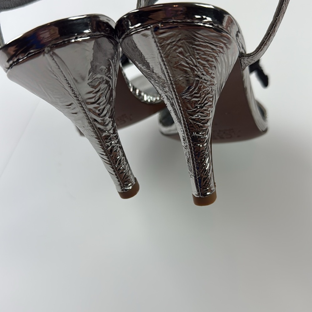 New J.Crew Collection Italian silver sandal heels with navy sequin flower - Picture 4 of 8